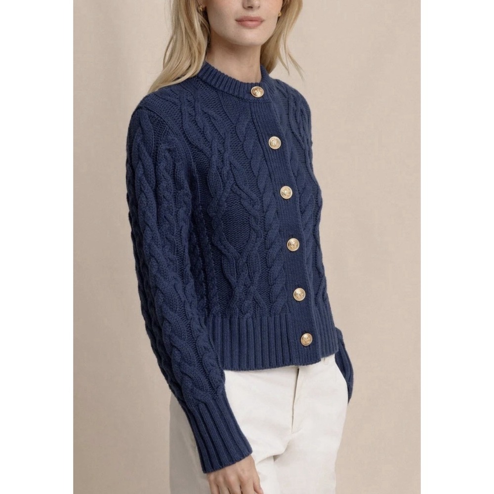 J Crew Lambswool Navy Cable Knit Cardigan Sweater L Gold Button Old Money Preppy